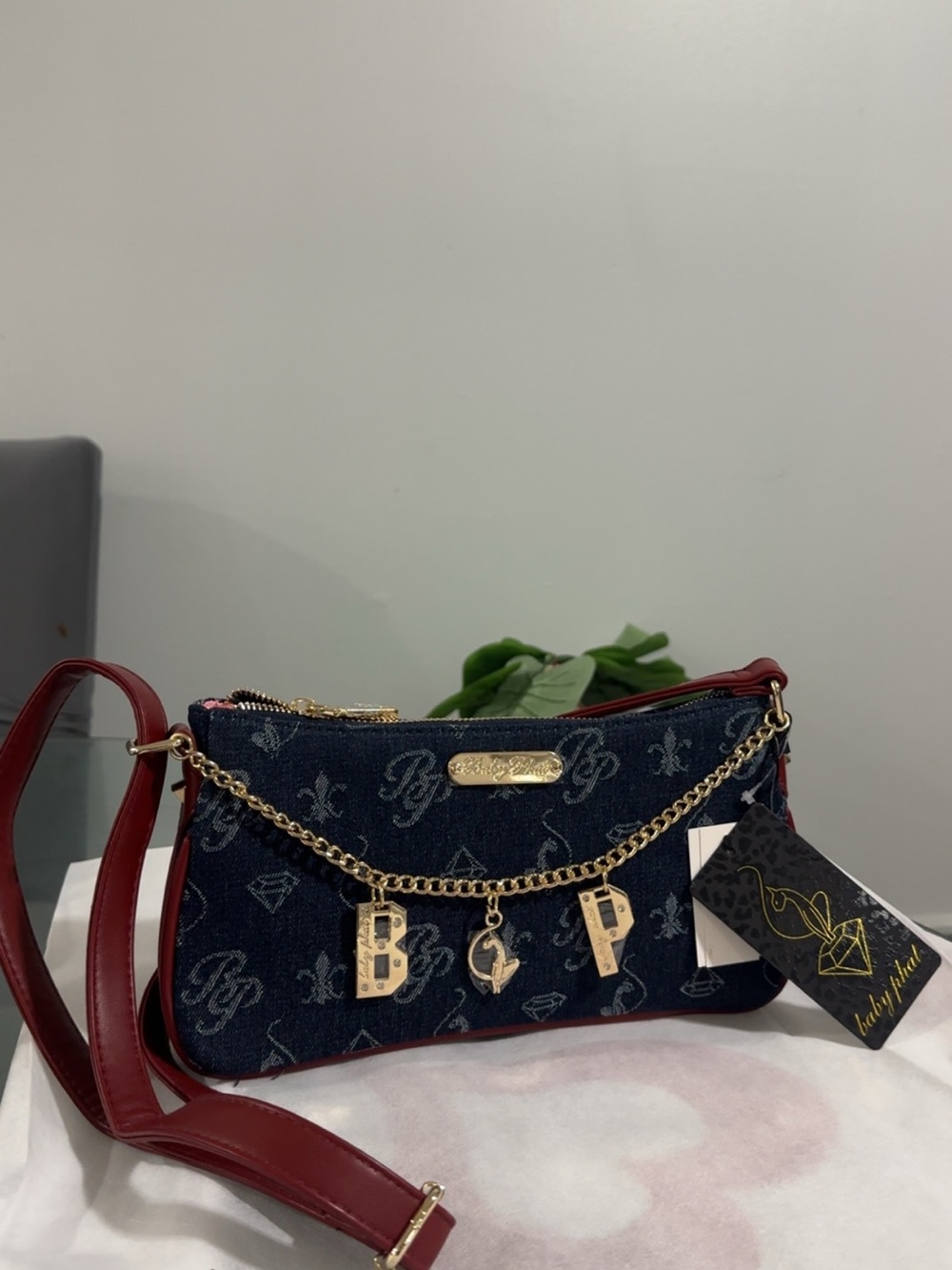 bebe Navy Monogram Crossbody with Wine Trim and Gold Hardware